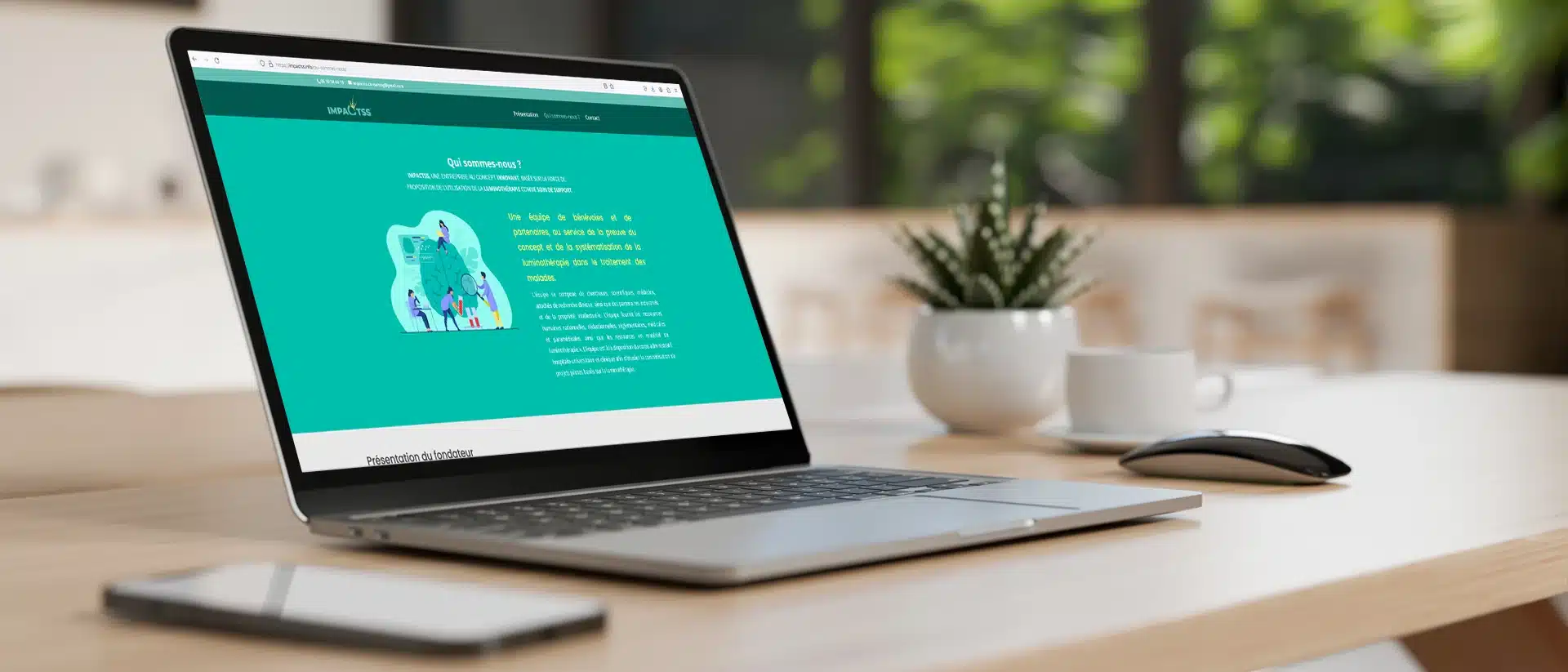 Il a suffi de décliner le logo et la charte graphique d'Impactss pour créer les visuels utiles à la réalisation de son site internet