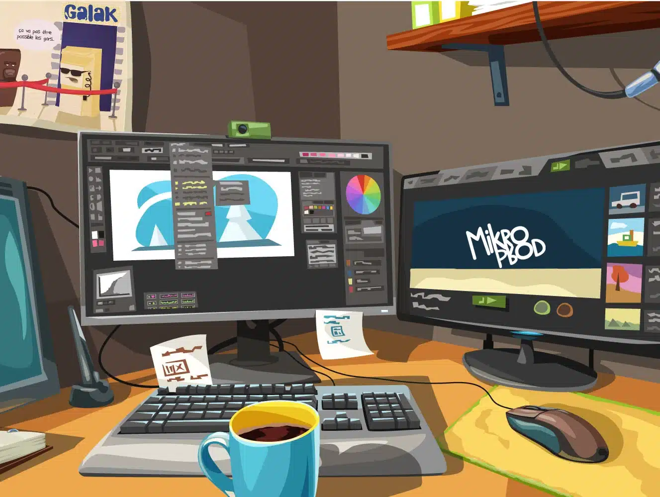 motion-design-bureau-mikroprod Représentation de mon bureau, en plein projet de motion design avec After effects